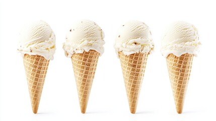 Four ice cream cones filled with creamy vanilla ice cream, arranged neatly in a row, showcasing their waffle cones and smooth texture.