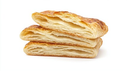 Flaky, golden-brown pastry slices stacked neatly, showcasing layers and a soft interior, ideal for snacks or breakfast.