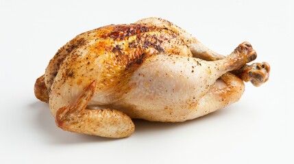 A perfectly roasted chicken with a golden-brown skin, seasoned with spices, lying on a white background.