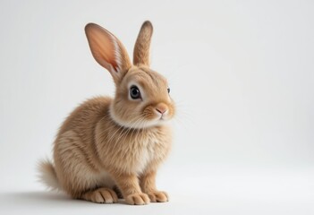 Adorable baby rabbit, light brown fur, large ears, big eyes, tiny nose, soft texture, white background, studio lighting, high detail, photorealistic, cute pet portrait, closeup shot, furry animal, bun