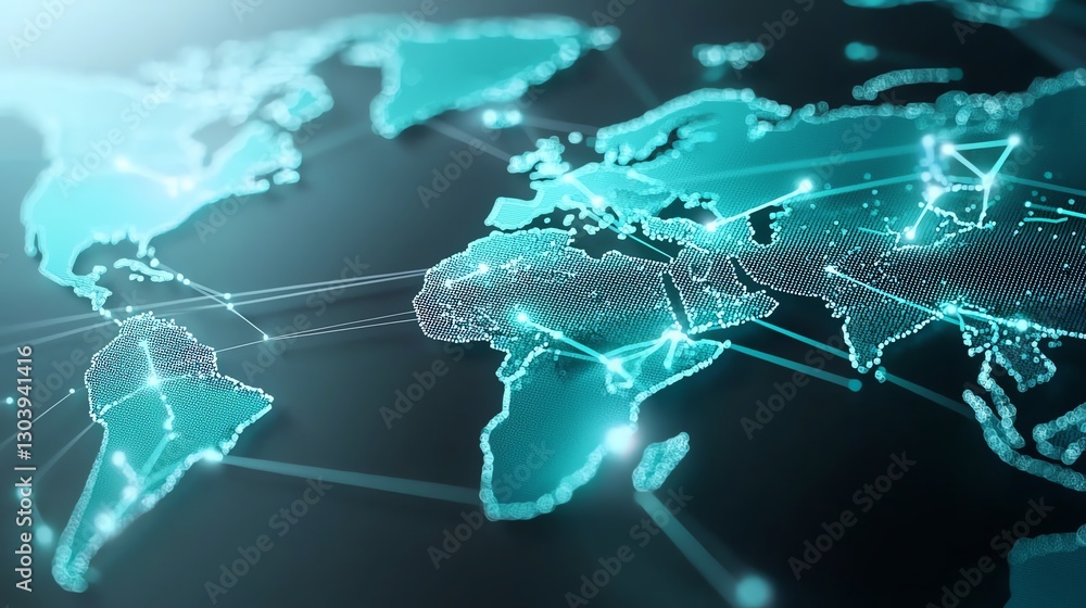 Poster digital world map with glowing connections, representing global technology and communication network