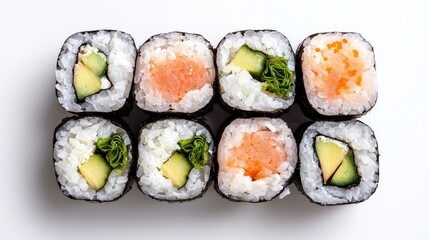A delicious assortment of sushi rolls, featuring rice, seaweed, and various fillings like cucumber and salmon.