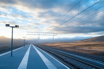 Fototapeta premium expansive railway platform with tracks stretching into distance overhead wires and signal lights form patterns against