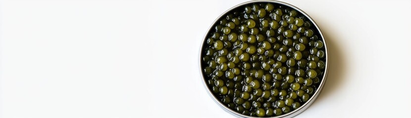 A tin of dark green caviar on a white background, high-resolution photography.