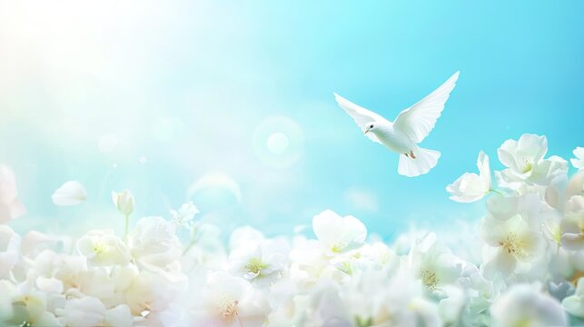 A dove flying against a clear blue sky symbolizing peace.