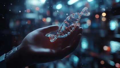 Futuristic healthcare lab with a scientist holding a molecular DNA model