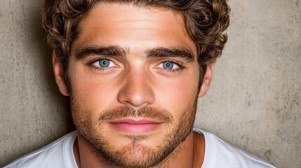 Obraz premium Close-Up Portrait of Young Man with Curly Hair and Blue Eyes