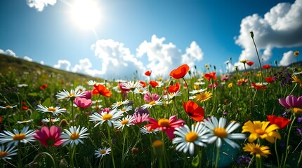 Obraz premium A vibrant field of wildflowers against a sunny sky, inviting exploration. Captures the essence of travel and discovery in nature.