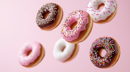 A selection of colorful donuts on a pink background, featuring various icing and sprinkles, creating a playful and appetizing visual.