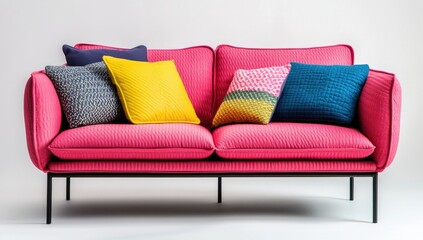A vibrant pink sofa with black legs, featuring colorful pillows and cushions against a white background.