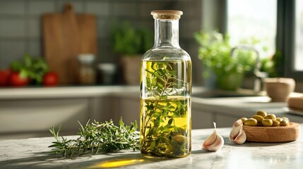 A glass bottle of olive oil with fresh herbs and garlic on a kitchen counter.