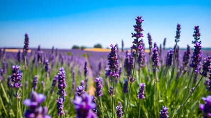 Fototapeta premium Close-up of vibrant lavender plants in a sunlit field, showcasing their beauty and texture. A natural scene perfect for plant-themed designs.