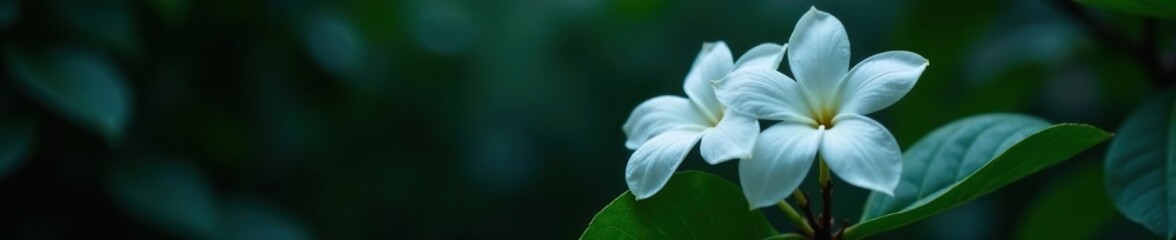 Fototapeta premium White night-blooming jasmine blooms in the darkness, white petals, tropical flowers, flower texture