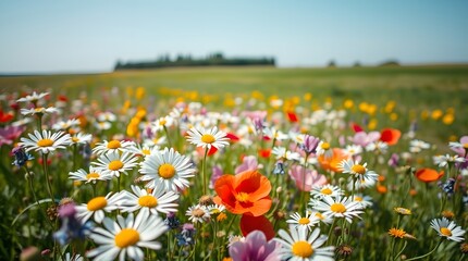 Obraz premium A vibrant field of wildflowers blooms under a clear sky. A natural scene that captures the beauty and tranquility of nature.