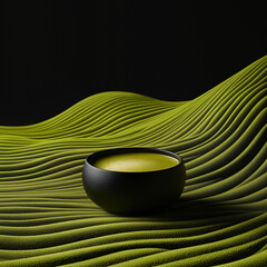 A black bowl of green liquid sits on a green surface