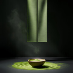 A bowl of green powder is sprinkled on a dark background