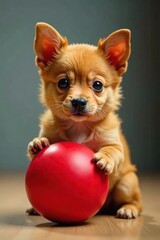 Cachorro pequeno olhando bola vermelha com brilho, domestico, cachorro pequeno, rouxinol