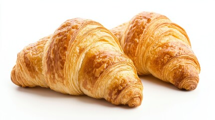 Two golden-brown croissants sit side by side, showcasing their flaky layers and delicious texture against a white background.