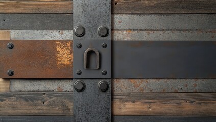 A vintage steel and gray metal door, accented with a chocolate-colored finish and an iron keyhole, flanked by two holes on the left side of its handle.