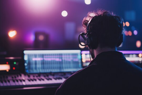 capture dimly lit music studio with impressive display of classic analog equipment microphones and acoustic panels