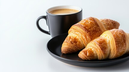 A cozy breakfast scene featuring two golden croissants on a black plate next to a steaming cup of coffee.
