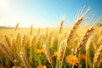 Fototapeta premium Golden wheat stalks swaying gently in the breeze, golden, wildflowers, blue sky