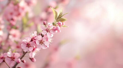 Obraz premium A serene close-up of delicate pink cherry blossoms against a softly blurred background, evoking springtime beauty and tranquility.