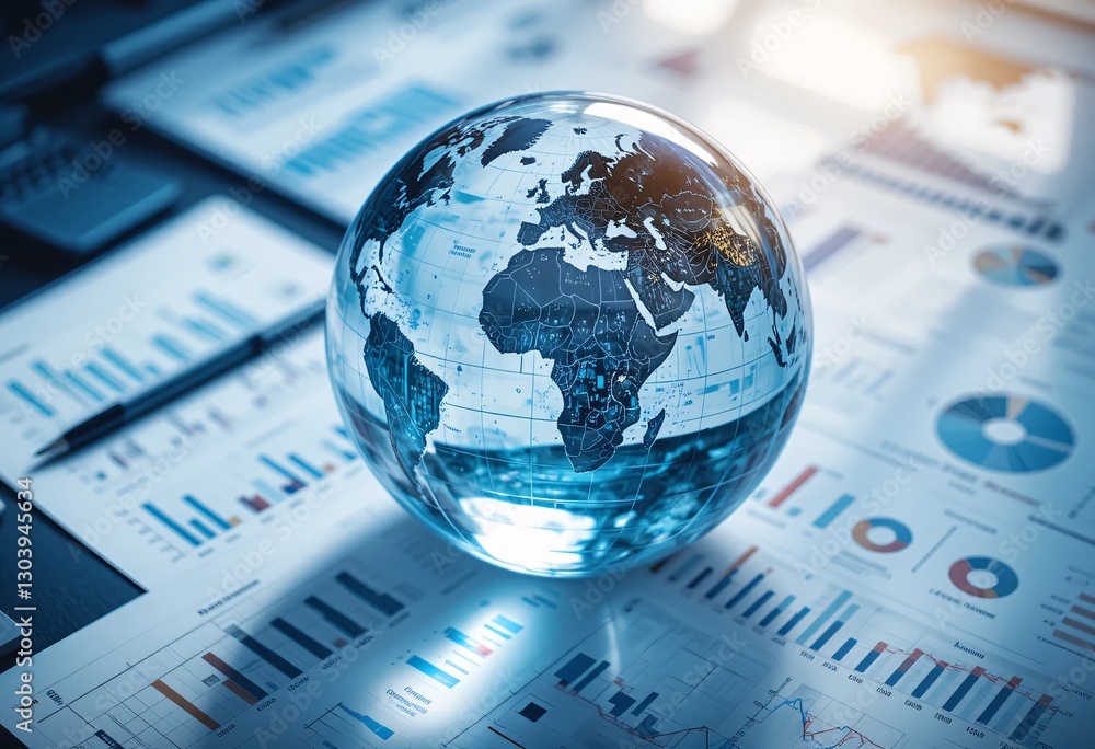 Poster global analysis data globe. world data visualization featuring business reports. earth model reflect