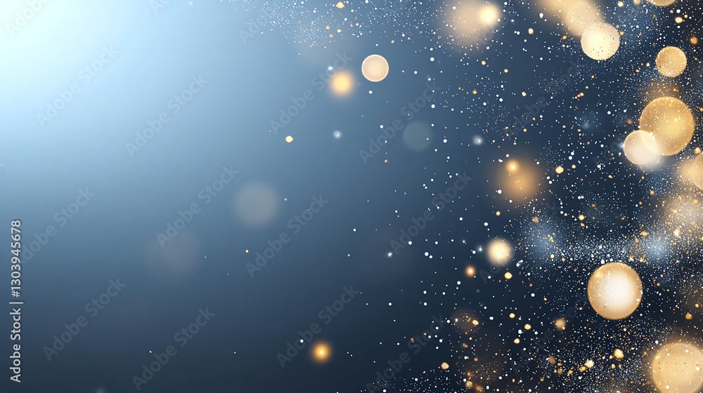 Poster golden bokeh lights on a dark background create a festive and magical atmosphere.