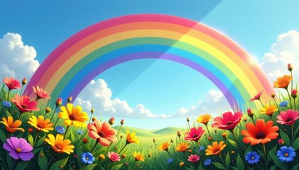 Fototapeta premium Vibrant rainbow arch over blooming wildflowers, sky, clouds, color