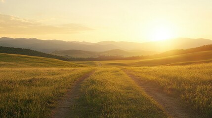 A serene landscape at sunset, showcasing a grassy path leading toward distant mountains under a warm, golden sky.