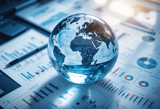 Global Analysis Data Globe. World Data Visualization Featuring Business Reports. Earth Model Reflecting Light. Informative Charts Representing Worldwide Statistics For Data Driven Decisions. - Powered by Adobe