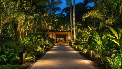 Obraz premium A well-lit pathway leads to the entrance of an upscale home, surrounded by lush tropical plants and trees at night.