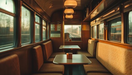 Naklejka premium Vintage train car dining area with sunlight streaming in