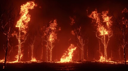 Fototapeta premium Raging wildfire engulfing trees in a forest at night, intense flames and glowing embers