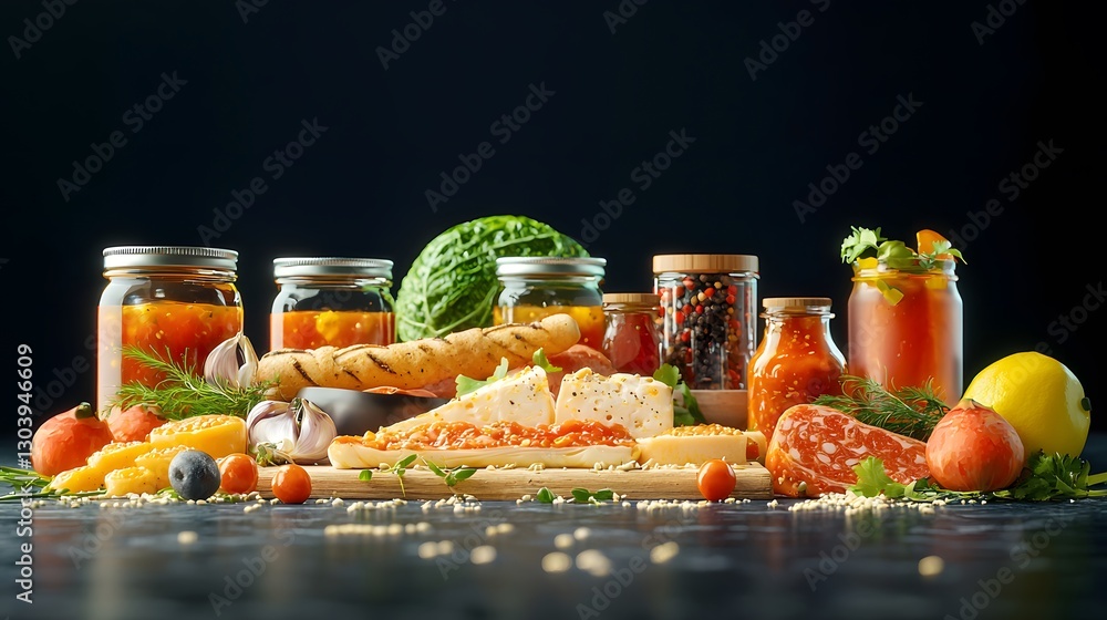 Poster an assortment of various food items displayed artfully on a table for a festive and delightful culin