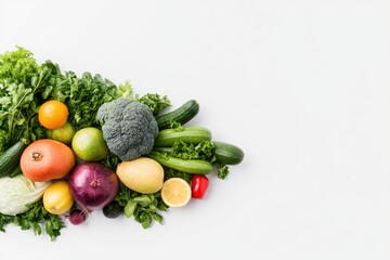 capture vibrant assortment of seasonal fruits and vegetables arranged artfully on white background showcasing their