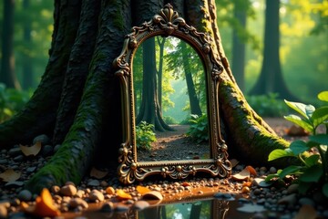 Ancient mirror, distorted reflection, shadowed forest, mirror, depth, reflection