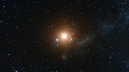 A vibrant star illuminates a dark cosmic backdrop, surrounded by distant celestial bodies and shimmering stardust.