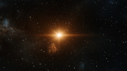 Fototapeta premium A radiant star shines brightly in a vast, dark cosmos, surrounded by twinkling stars and cosmic clouds, evoking a sense of wonder and mystery.