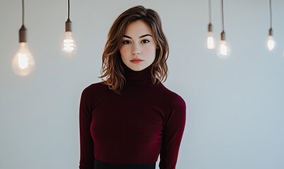 Young woman in a maroon turtleneck poses confidently against a minimalist background with hanging lights