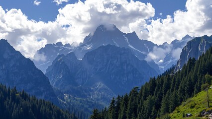 Fototapeta premium Majestic Mountain Range with Lush Green Forest Under a Cloudy Sky