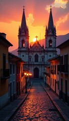 Fototapeta premium Callejas de la catedral al amanecer sonorense, sunrise, ciudad, religiosa
