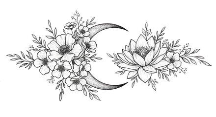 Floral Moon and Lotus Tattoo Design