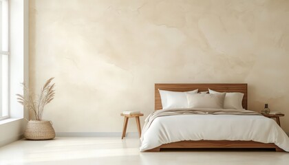 Bright Minimalist Bedroom with Wooden Bed and Beige Walls