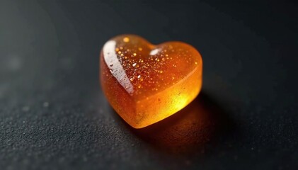 Obraz premium Single shimmering amber colored heart shaped candy on a black background,, background, dark