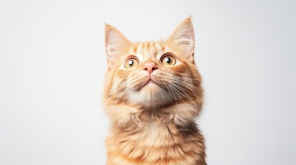 Fototapeta premium An orange tabby cat looks upward with wide eyes