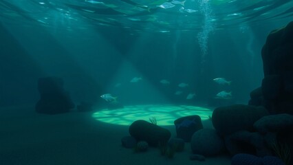 Fototapeta premium Serene Underwater Scene Sunbeams Illuminate Calm Aquarium