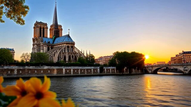 Stunning sunset view of Notre-Dame Cathedral with vibrant flowers in the foreground by the Seine