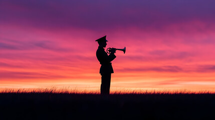 Sunset silhouette military bugler in open field inspires calm reflection